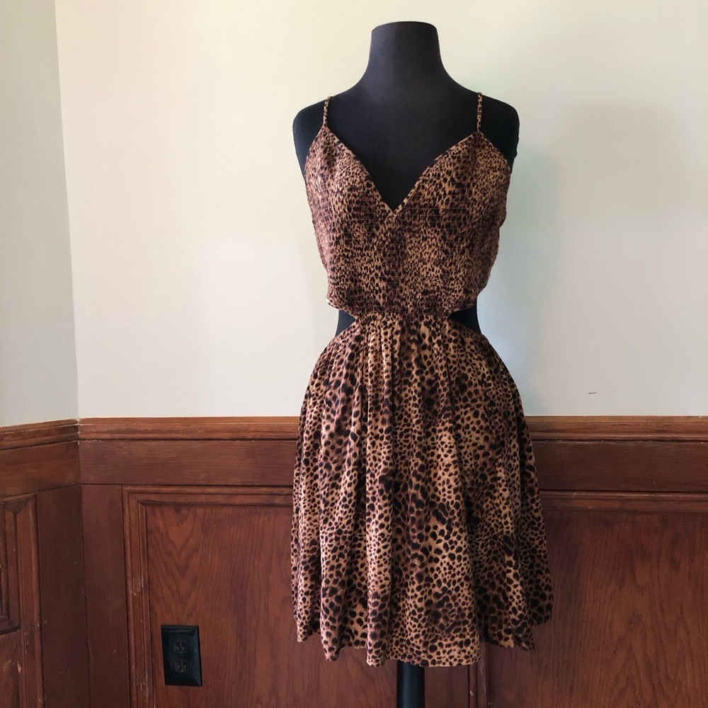 Aerie Leopard Print Smocked Cut-Out Mini Dress
